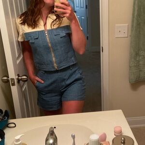 Two-Tone Denim and Tan Short Sleeve Matching Set